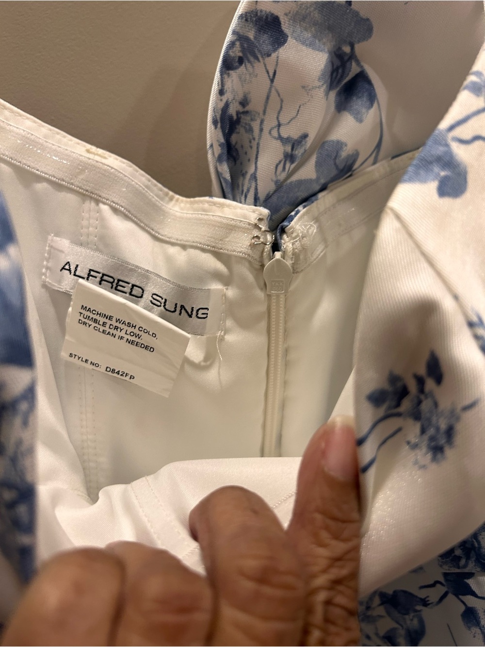 ALFRED SUNG White Strapless Dress with Blue Floral Print